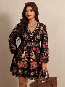 Elaquor Plus Size Vintage Fashion Floral Print Long Sleeve Dress - Multicolor - View 5