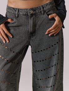 MUSERA Jeans de mezclilla gris lavada con adornos y corte láser, para verano y otoño, para salir, festival, estilo chica cool, Furiosa, Halloween - Negro - Ver 5