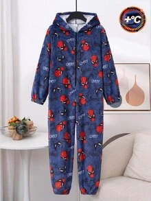 SHEIN 兒童青少年男孩秋冬款圖案長袖連帽拉鍊式親膚柔軟法蘭絨居家連身褲 - 藍色 - 查看 1