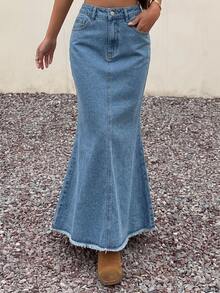 DAZY Spring/Summer Women's Casual Solid Color Raw Hem Mermaid Denim Skirt - Medium Wash - View 5
