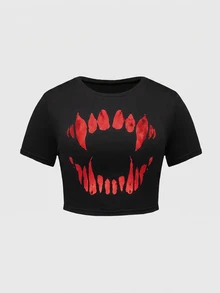 ROMWE Goth Spring/Summer Tooth Print Plus Size Women's Fitted T-Shirt - Black - View 1