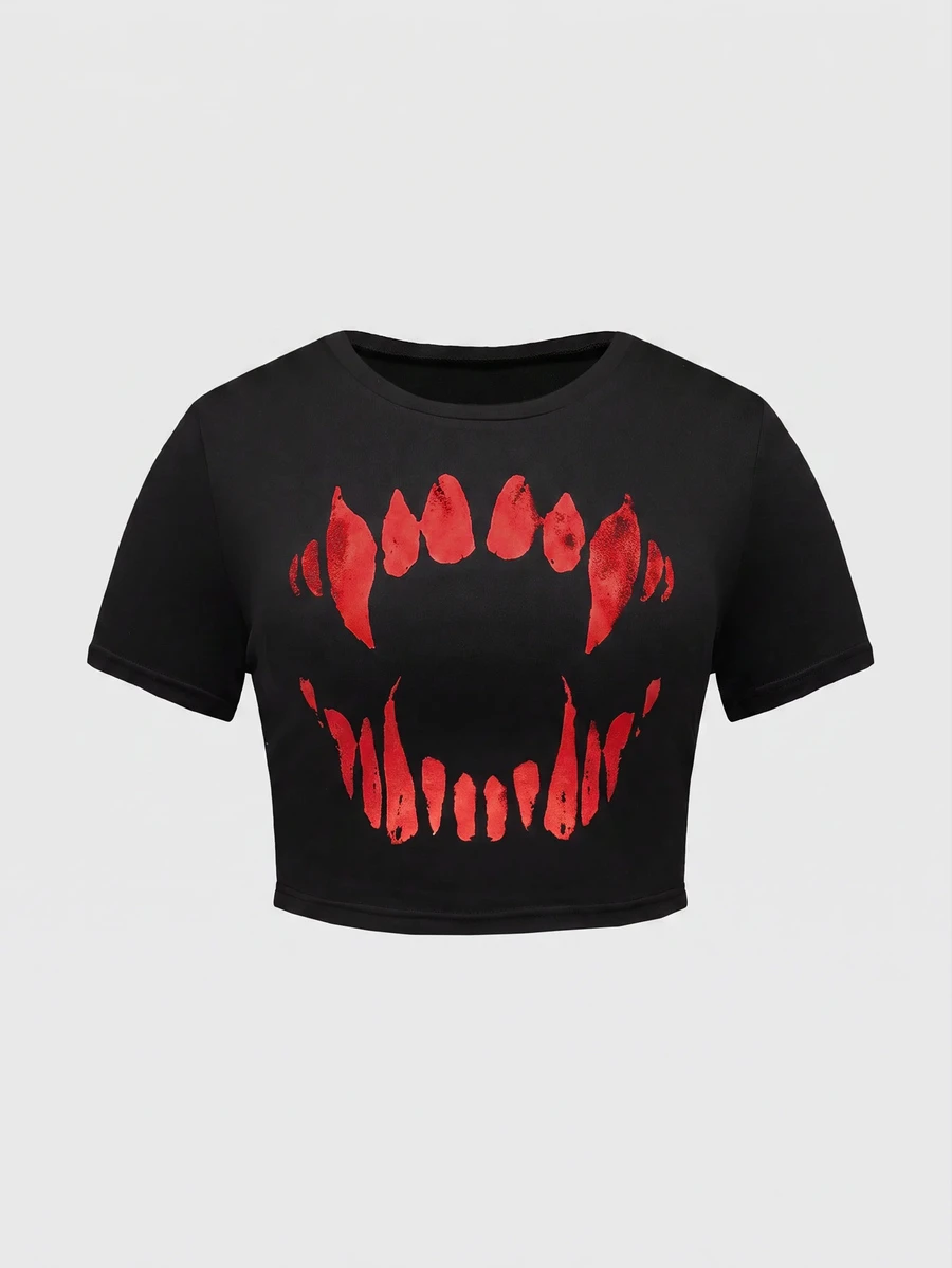 ROMWE Goth Spring/Summer Tooth Print Plus Size Women's Fitted T-Shirt - Black - View 1