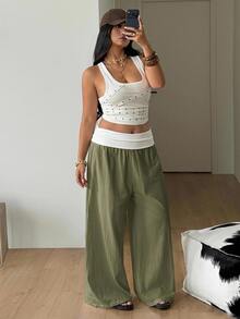 Coolane Women's Plus Size Summer Fall Going Out Elegant Vacation Country Concert Boho Basic 100 Cotton Color-Blocked White Green Mid-Waist Wide Leg Pants - Army Green - View 2