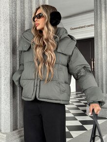 Pariaura Minimalist Commuter Hooded Quilted Jacket With Snap-Button Detachable Hood, Two Styling Options, Large Check Quilted Pattern, Smooth Zipper Placket, Cotton Padded - Grey - View 3