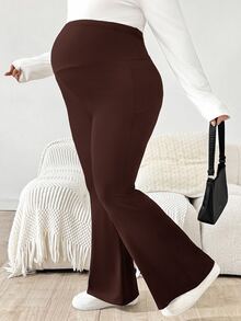 Plussiva Plus Size Maternity Casual Versatile Solid Color Flare Pants - Brown - View 5