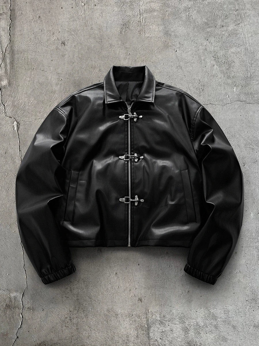 AXEPEAK Men's Plus Size Solid Color PU Leather Casual Jacket With Snap Button Placket - Black - View 1