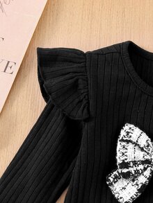 SHEIN Baby Girl Bow Decor T-Shirt And Tweed Skirt Set - Black - View 5