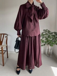 DAZY Women's Solid Color Collar Long Sleeve Shirt And Skirt Elegant 2 Pieces Set - Burgundy - View 4