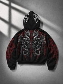 ROMWE MEN Street Life Dark Gothic Print Loose Fit Hoodie - Black - View 2