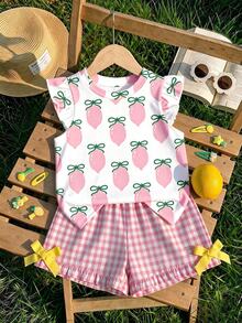 Baby Girl Casual Fashion Cute Lemon Bow Print, Cute Flutter Sleeve Round Neck Top Suitable For Spring And Summer - Multicolor - View 1