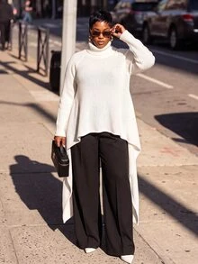 Slaydiva Plus Size Women's Knit Tunic, Turtleneck Hollow Asymmetric Hem Long Knit Layering Top Winter - Apricot - View 7