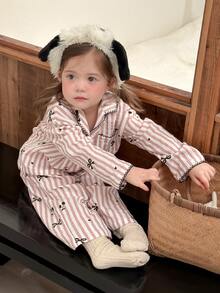 DAZY Infant/Toddler (Girl) Collared Striped All-Over Print Comfortable Long Sleeve Shirt & Long Pants 2 Pieces Set Loungewear - Baby Pink - View 4