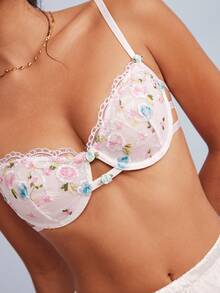 Elorette Women's Floral Embroidered Pattern Casual Daily Spaghetti Strap Bra - White - View 2