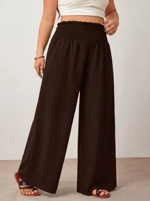Enliva Plus Size Women's Solid Color Ruffle Elastic Waist Wide Leg Loose Casual Pants, Suitable For Daily Casual And Commuting Wear - Brown - View 4