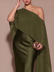 SHEIN BAE CURVE 大尺碼女款優雅長版不對稱單肩洋裝 - 軍綠色 - 查看 3