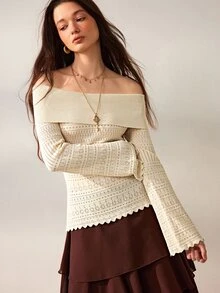 Willow Rêve Women's Ivory White Slim Fit Knitted Top, Hollow Knit Off-Shoulder Flare Sleeve Geometric Pattern Design, Western Bohemian Romantic Pastoral Style; Suitable For Autumn Date Night Wear - Cream - View 4