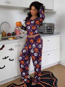 ZzzCrew Set Piyama Wanita Seksi Lengan Panjang Motif Kartun Halloween - MultiWarna - View 3