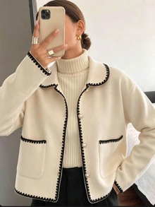 SHEIN 青少年女孩春秋款黑白編織彼得潘領蕾絲珍珠單排扣長袖羊毛開襟外套 Work Katseye - 杏色 - 查看 1