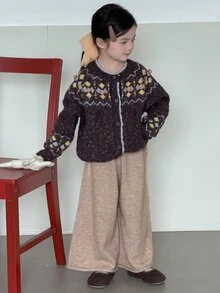 Dazy Kids Young Girl) Autumn/Winter Sweater Pants Wide Leg Thick Basic Young Girl Pants - Apricot - View 3
