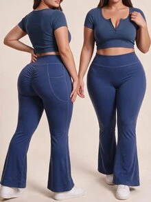 SHEIN Sports Women's Plus Size Ruched Hip Daily Fitness Alternative Kawaii Flare Leggings Gym Active Light Blue Summer - Black and White - View 3