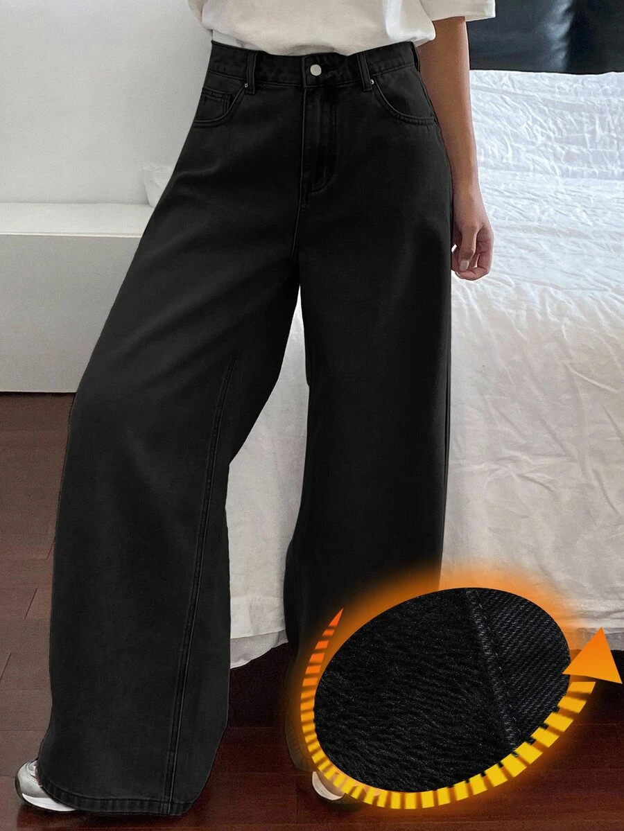 DAZY Teen Girl Pocket Wide Leg Loose Casual Versatile Denim Jeans - Black - View 1
