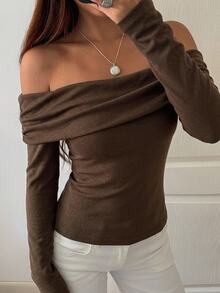 DAZY Autumn Coffee Brown Off-Shoulder Ruched Long Sleeve Fitted Solid Color Versatile Women's T-Shirt - Coffee Brown - View 5