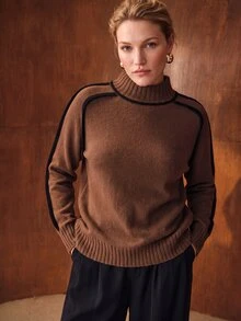 MOTF PREMIUM PLUS SIZE AUTUMN/WINTER FASHION CONTRAST TRIM SWEATER - Brown - View 4