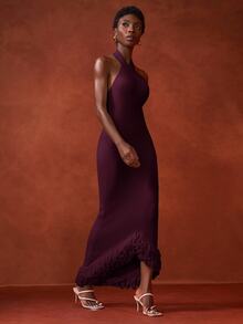 Zivah Women's Solid Color Fitted Elegant Halter Neck Knit Dress - Purple - View 3