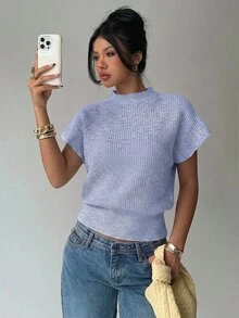 Aloruh 女款韓式時尚短袖針織上衣，休閒款 - 淺藍色 - 查看 8