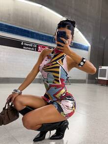 StreetHx Petite Gaun Mini Pendek Seksi Motif Pop Art Wanita untuk Pesta Malam di Klub, Warna Hitam dan Kuning, Cocok untuk Musim Panas - MultiWarna - View 3