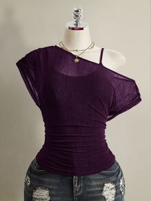 SHEIN ICON Plus Size Solid Color Asymmetrical Collar T-Shirt, Summer - Purple - View 3