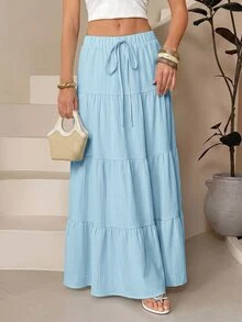 SHEIN Tall 女款純色休閒波西米亞風百搭日常穿著裙 適合海灘 嬰兒藍 秋季 - 淺藍色 - 查看 5