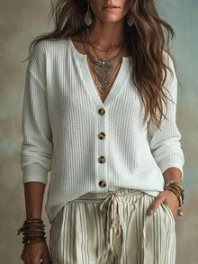 SHEIN LUNE Women's Solid Color Notch V-Neck Drop Shoulder Single-Breasted Casual Shirt - White - View 1