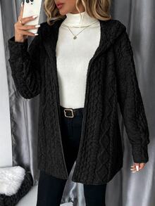 SHEIN Clasi 大尺碼女款純色長袖連帽開襟外套，秋冬款 - 黑色 - 查看 3