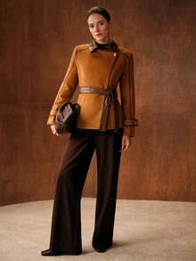 MOTF SHORT PREMIUM LAPEL WAIST-CINCHING TIE-FRONT CONTRAST COLOR WOOL BLEND OVERCOAT FOR WOMEN - Rust Brown - View 5