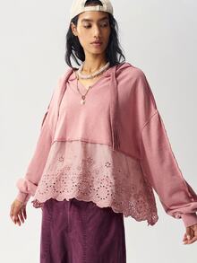 Bohemela Women's Burnout Embroidery Casual Daily Wear Hooded Sweatshirt - Dusty Pink - View 4