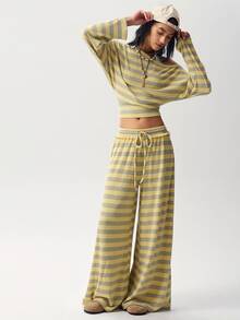 Bohemela Women's Striped Colorblock Asymmetric Shoulder Long Sleeve Top And Drawstring Waist Pants 2 Pieces Set - Yellow - View 1