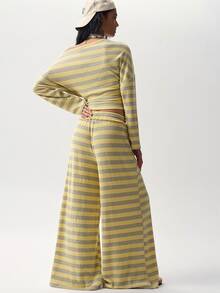 Bohemela Women's Striped Colorblock Asymmetric Shoulder Long Sleeve Top And Drawstring Waist Pants 2 Pieces Set - Yellow - View 7