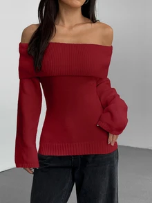 SHEIN Clasi 女款純色露肩休閒日常長袖針織衫 - 紅色 - 查看 4