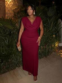 Firerie Plus Size Elegant Party Solid Color Cowl Neck Dress - Red - View 2