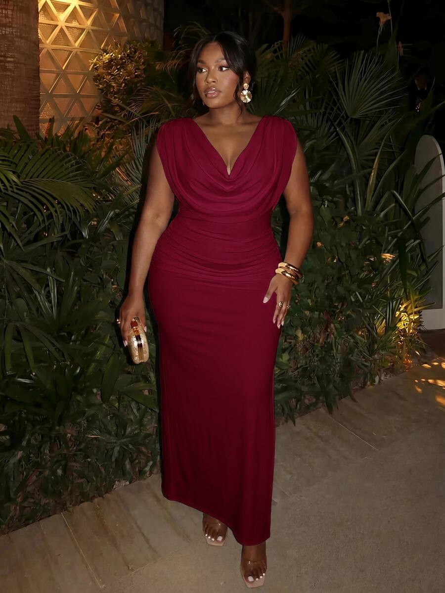 Firerie Plus Size Elegant Party Solid Color Cowl Neck Dress