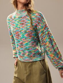 SHEIN كنزة صوفية بأكمام طويلة وياقة دائرية من خيوط مصبوغة موضة الخريف/الشتاء - متعدد الألوان - مشاهدة 3
