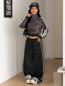 Coolane 女款秋季街頭風極簡基礎日常運動服 回校季 條紋紋理裝飾 - 棕色 - 查看 2