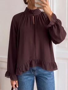 Easowa Stand Collar Ruffle Loose Chiffon Blouse, Casual Relaxed Elegant Commute Old Money Style Autumn/Winter Women's Shirt - Chocolate Brown - View 2