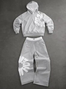 SLATEMANN Men's Letter Print Hoodie And Sweatpants Set - Grey - View 5