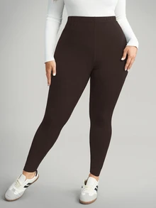 SHEIN CURVE+ 大尺碼女款休閒純色內搭褲，百搭簡約，適合上班/辦公室/健身房，秋冬保暖內搭褲 - 棕色 - 查看 7