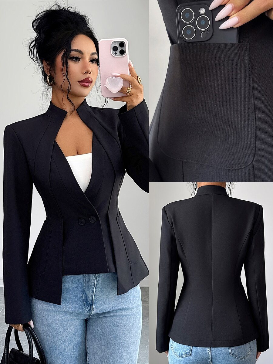 Omancia Women's Black 2 In 1 Notch Lapel Slim Fit Office Blazer - Black - View 1