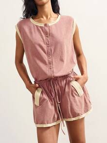 Bohemela Women's Contrast Trim Drawstring Waist Romper - Dusty Pink - View 3