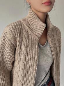 DAZY Women's Solid Color Zipper Casual Versatile Daily Wear Cardigan - Apricot - View 3