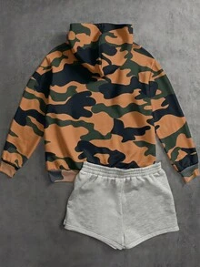 TOM & JERRY X SHEIN SHEIN EZwear 女款迷彩卡通印花連帽衛衣，適合戶外、街頭穿搭、返校季 - 彩色 - 查看 2